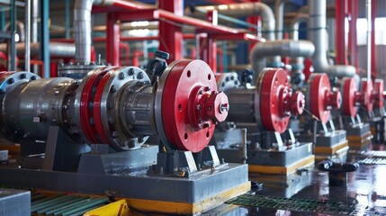 Fototapeta premium Industrial view of electrically powered water pumps and interconnected pipes.