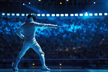 Fencer Demonstrates Perfect Form and Balance at Vibrant Olympic Event