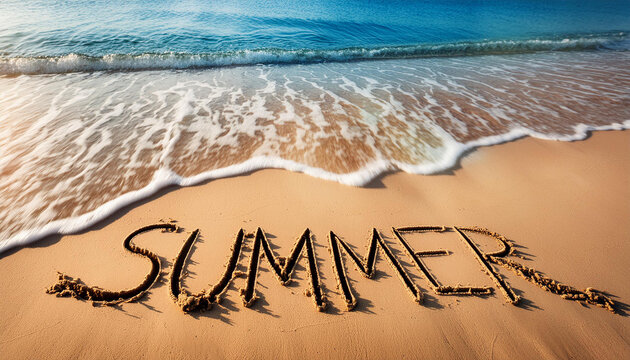 Summer word written on sand with blue sea wave on background summer holidays and beach vacation concept