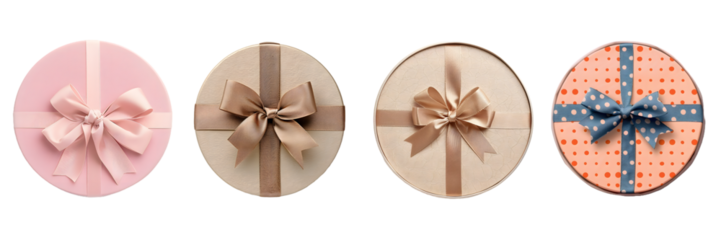 Elegant round gift boxes with decorative bows on a transparent background, png.