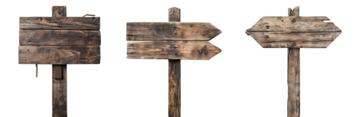 Rustic wooden sign board and directional arrow on a transparent background, png.