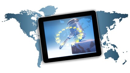 EU Flag with wooden gavel on screen over map..