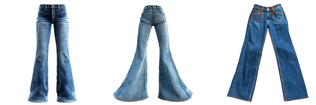Women blue jean in various styles on a transparent background, png.