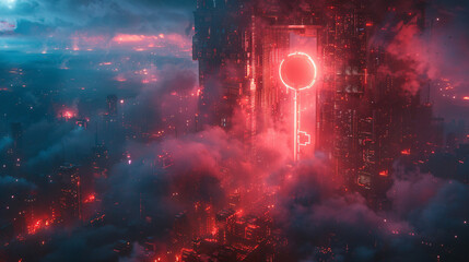 A cityscape where a giant holographic key hovers above a skyscraper