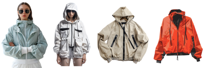 Stylish women outdoor jacket in various color and style on a transparent background, png.