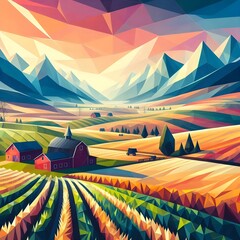 Farmland landscape with mountains in the back, low-poly art style