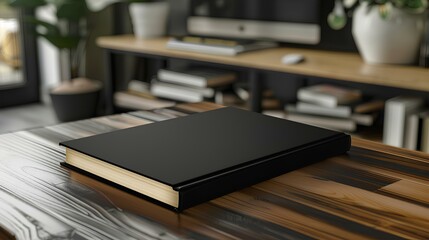 Naklejka premium Professional book cover mockup in black, resting on a wooden table in a modern workspace with blurred background.