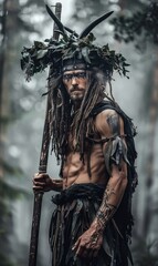 Cultural insight: portrait of a shaman, reflecting authenticity and intimate relationship with nature, spiritual healing, timeless knowledge that embodies shamanic way of life.