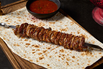 Lamb Skewers with Tail Fat, Lavash Bread, and Tomato Sauce - Traditional Uchpundja Shashlik