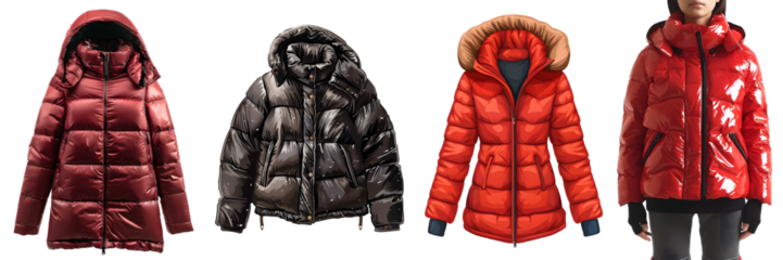 Collection of women puffer jacket in various colors and designs on a transparent background, png.
