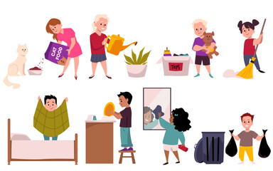 Cartoon children cleaning duty, chores vector illustrations set, happy cute kids doing homework, job responsibility