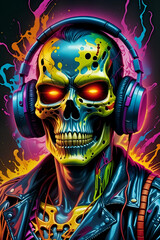 Skull in headphones, neon art, graffiti