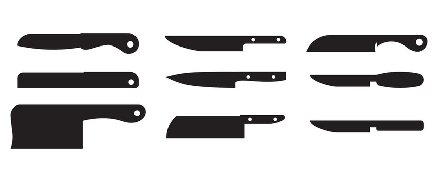set of kitchen knife silhouette, Stainless cleaver, carving and chopping, chefs, filleting, boning and paring knives with black handles, Kitchen Knifes Silhouette Various Collection Set
