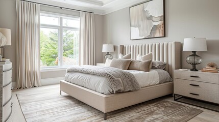An elegant contemporary bedroom with soft beige walls and white trim The room features a platform bed with a beige upholstered headboard