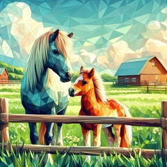 A horse and a pony at a farm behind a wooden fence, low-poly art style
