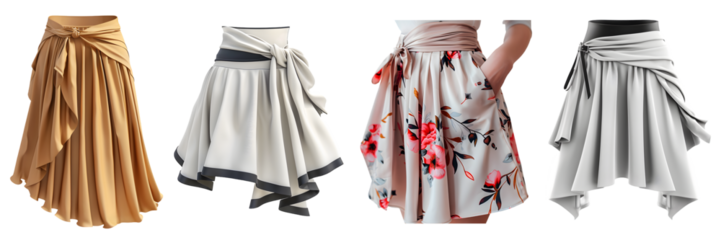 Stylish women skirt collection with different patterns and colors on a transparent background, png.