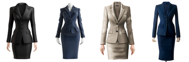 Professional women business suit in various colors on a transparent background, png.