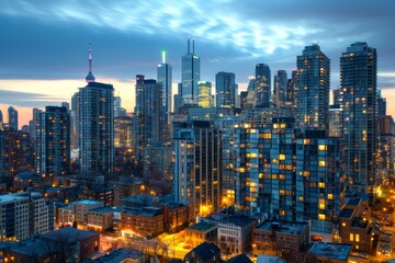 Vibrant City Skyline at Dusk with Illuminated Buildings Showcasing Urban Energy – Perfect for Posters, Prints, and Designs