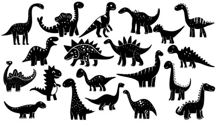 Vector illustration black and white hand-drawn childish set dinosaur. Cartoon animal design collection reptile sketch and dino character. Cut outline monster drawing and funny dragon silhouette © GOLDMAN