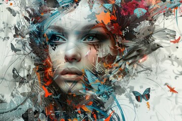 Surreal Woman with Birds and Butterflies