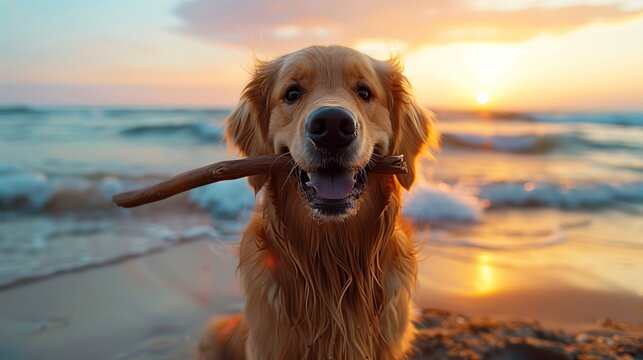 Golden Retriever dog playing with a stick on the beach at sunset, holding a wooden branch in its mouth, looking happy and playful. Summer vacation concept.