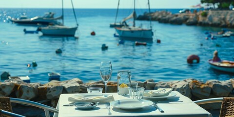 Fototapeta premium Minimalistic composition: Summer holiday, eating out and beach life concept - Restaurant by the sea, Mediterranean vacation