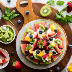 A fresh juicy watermelon pizza topped with fresh fruit pieces, ready for sharing