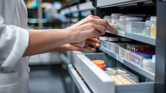 Farmac&eacute;utico organizando medicamentos en estantes