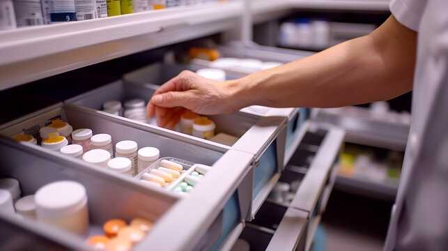 Farmac&eacute;utico organizando medicamentos en estantes