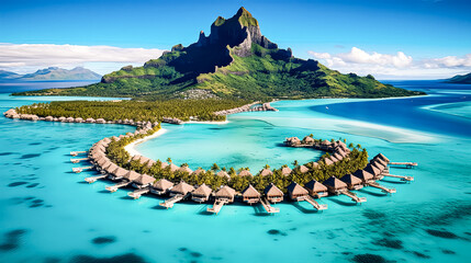 A beautiful island with a mountain in the background.