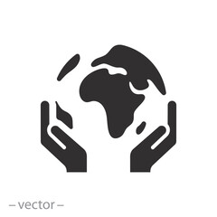 world save icon, hands holding earth planet, globe conservation, community global support, flat symbol on white background - vector illustration