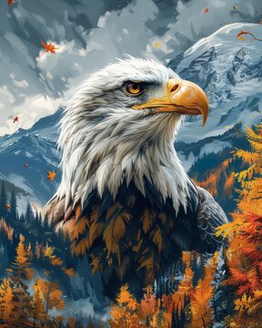 Animated bald eagle in a flat design, seen from the top view on a mountain peak, using a tetradic color scheme.