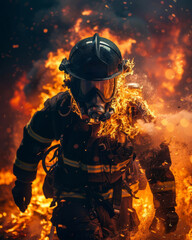 Fototapeta premium Closeup of firefighter entering burning building, embodying danger and risk