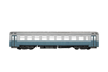 Passenger rail train car isolated on white background.