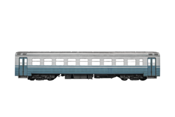 Passenger rail train car isolated on white background.