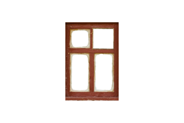 Old brown wooden window frame with four sashes isolated on transparent background.	