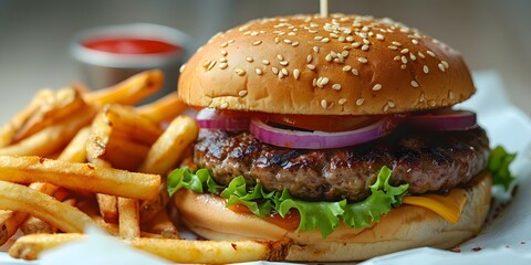Isolated Fast Food Hamburger and Fries on White Background. Concept Fast Food, Hamburger, Fries, Isolated, White Background