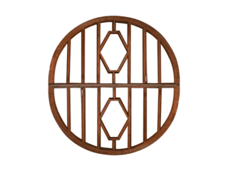 Old dark-colored brown round shaped decorative wooden window frame is isolated on transparent background.	