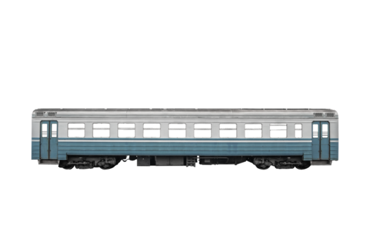 Passenger rail train car isolated on white background.