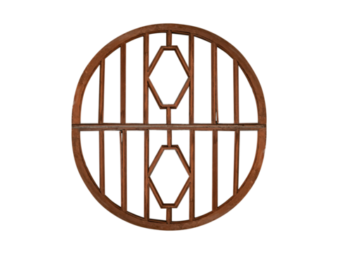 Old dark-colored brown round shaped decorative wooden window frame is isolated on transparent background.	