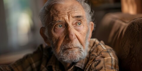 Elderly man with Alzheimers sitting alone at home feeling lost and sad. Concept Loneliness, Elderly Care, Mental Health, Alzheimer's Awareness, Emotional Support