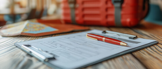 Fototapeta premium Closeup of travel insurance form with pen, suitcase and map in background, isolated on white, copy space
