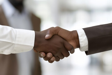 Close-up of a handshake between two black individuals, signifying a business agreement or greeting