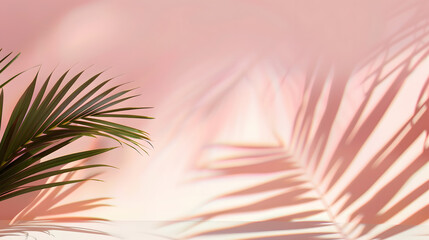 Fototapeta premium Blurred shadow from palm leaves on the light pink wall. Minimal abstract background for product presentation. Spring and summer.