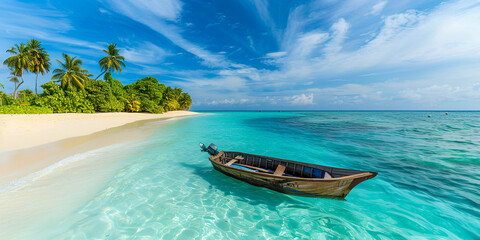 a wooden boat gliding across a turquoise ocean The boat is positioned in the foreground, while a small island with a hut is visible in the background The sky above is a clear blue with a few scattered - Powered by Adobe