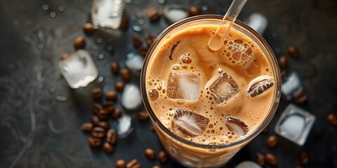 Iced latte in glass with ice cubes and straw viewed from the top. Concept Iced Latte, Coffee, Summer Drink, Refreshing Beverage, Top View