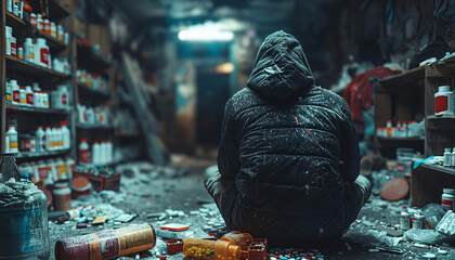 Person in dark room with drugs and paraphernalia, emphasizing trapped in addiction and risk, on dark background, copy space