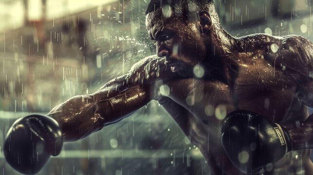 Motivational Boxing Poster Featuring Determined Boxer Training in Rain - Inspirational Quote About Perseverance and Dedication