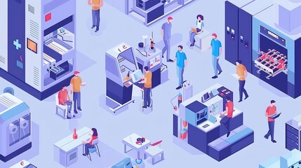 Fototapeta premium Isometric illustration of a modern factory with workers operating machinery and computers.
