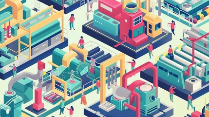 Isometric illustration of a busy factory with workers and machinery.